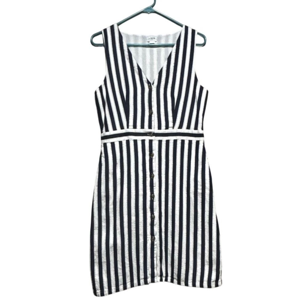 J.Crew Navy White Striped Sheath Dress Size 8 Cotton Linen Sleeveless Career - Picture 1 of 10